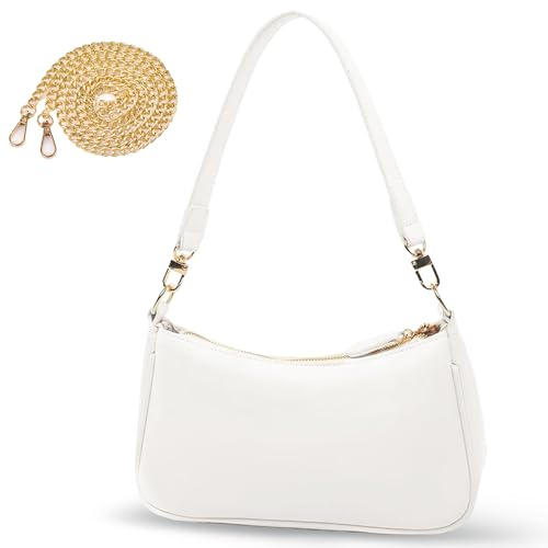 Sac à bandoulière en cuir synthétique pour femme, sac à main avec chaîne, sac à bandoulière pour femme, petit sac à bandoulière avec fermeture éclair (Blanc)
