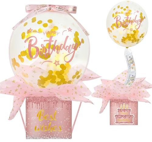 Scatola con Palloncini A Sorpresa,Salvadanaio Compleanno,Scatola Sorpresa per Soldi Regalo,con Porta Palloncini a Nastro Salvadanaio di Compleanno per Regalo per Fidanzata e Moglie (Oro Rosa)
