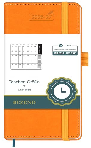 BEZEND Taschenkalender 2026 2027 Monatskalender 1 Monat 2 Seiten ca. A6 | 16,8 x 9,4 cm, 24-Monate Buchkalender Monatsansicht (Jan 26 - Dez 27), 100 GSM Papier, PU-Leder Hardcover, Orange
