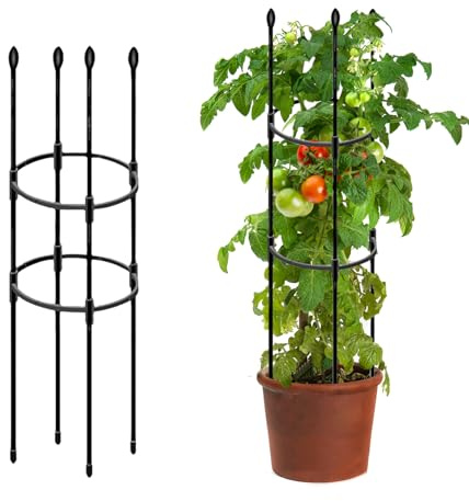 GUAHKUN Rankhilfe Tomaten Gurken 60-135CM Höhe 11mm Durchmesser Schwarz 4 Stangen Pflanzenstütze Mit Metallringen Für Kletterpflanzen Rosen Garten Gewächshaus Balkon (A)