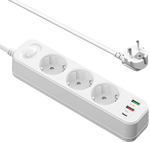 Ciabatta elettrica con 2 USB (PD 20W) e 1 Tpye-C, 2 m, 3 prese, con interruttore, adattatore multipresa con cavo flessibile, per ufficio, casa, viaggio