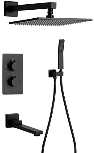 de Ducha, válvula de Mezcla termostática en Ducha de Lluvia de Acero Inoxidable Cuadrado de Color Negro Mate con de Cabeza de Ducha y Ducha, Juego de Ducha de Lujo, 12 Pulgadas (10 Pulgadas)