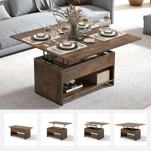Couchtisch Höhenverstellbar und Ausziehbar Modern mit Stauraum,Wohnzimmertisch mit Verstecktem Fach und Aufklappbar Regal,Beistelltisch aus Holz Sofatisch für Wohnzimmer,2-stufig,Landhausstil (Braun)