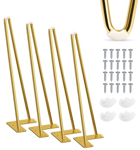 TCHOSUZ Hairpin Tischbeine, 4er Set - 40cm Haarnadel Möbelfüße für Schreibtisch Esstisch Couchtisch Tisch - Metall Tischkufen Haarnadelbeine mit Bodenschoner und Schrauben Verfügbar (16 inch, Gold)