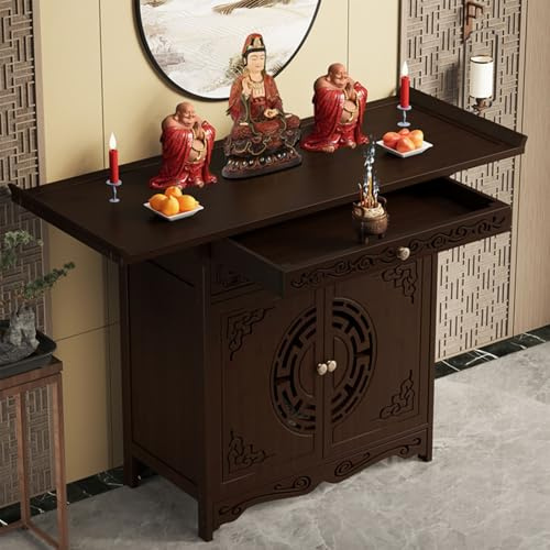 GSATREY Meditation Table with Cabinet Door, Altar Table, Chinese Buddha Niche Cabinet, Home Decor, Wooden Home Temple Altar, Spiritual Activities, Prayer & Relaxation(Brown,66 * 40cm/26 * 15.7in)