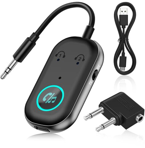 Bluetooth 5.3 Transmitter Receiver, 2 in 1 Airplane Bluetooth Adapter Compatible with 2 AirPods & Wireless Headphones for TV, 3.5mm Jack Audio Transmitter for TV,for T-V/Airplane/Headphone/Airpods/Car