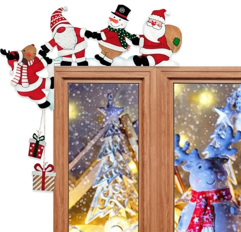 KASESSS Decorazione Porta Natale Legno, Decorazioni Natalizie Porta Ingresso Legno, Natale Decorazioni Casa per Il Telaio della Porta con Adesivo Rotondo, Babbo Natale Pupazzo di Neve Renna Finestre