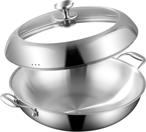 DELARLOCHEF Wokpfanne induktion 35cm: 3-Schichtige Edelstahl Wokpfanne 35cm,Frei von PFOA,PTFE,Backofenfest bis zu 400°C,20% Energiesparend,Stainless Steel Pan with Lid