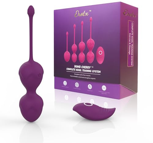 Erotx Bomb Cherry Complete Kegel Training System, Doctor Recommended Graduated Ben-Wa Kegel Balls Set + Rechargeable Vibrating Kegel Massage Ball, Improve Vaginal Tightness & Bladder Control (Purple)