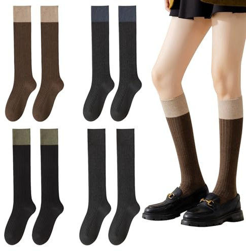 Soleeya 4 Paia Calze Lunghe Donna Invernali, 35-38 Morbido Calzini Ginocchio Donna Calze Gambaletto Caldo Cotone Lunghi Calzini Alti (IT, Numero, 35, 38, Regular, Regular, Colore B)