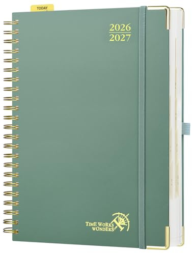 POPRUN Agenda 2026 2027 Dagsplanerare A4 Stor Storlek 30,5 x 22 cm, 1 Sida per Dag, Aug'26 - Juli'27, 12 Månader Skolkalender, Hårt Omslag med Spiralbindning, Papper 80 gsm,Mörkgrön