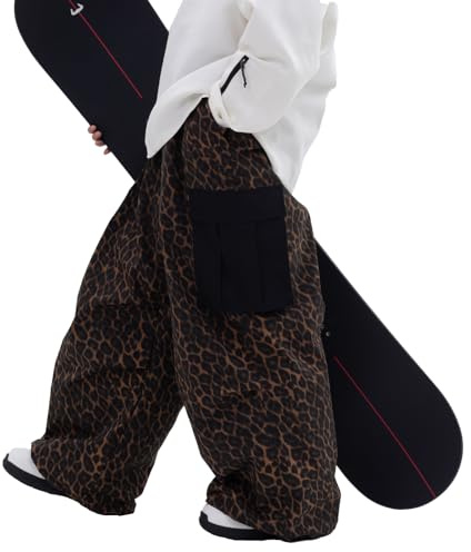 SNOWVERB Womens Mens Super Baggy 15K Waterproof Ski Snowboard Pants Mountain Freestyle Insulated Windproof Snow Pants, Leopard/Black, Large