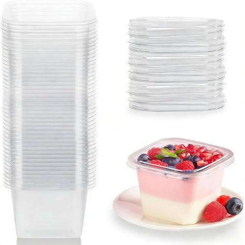 FreeSkill Dessert Cups with Lids – 50 Pack Clear Plastic Cheesecake Pots 360ml/12oz, Square Reusable Dessert Pots for Mousse, Pudding, Yogurt, Parfait, Fruit & Ice Cream – Ideal for Parties, Weddings