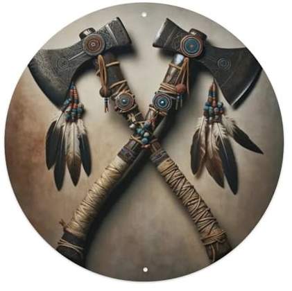 Native American-War Axe & Feather Tin Sign Vintage Round Metal Sign Indoor/Outdoor Wall Decor Metal Poster 12x12 inch