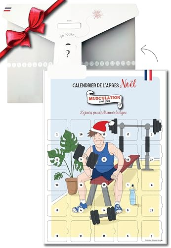 Calendrier de l'Après Noël | Programme de Musculation 25 Jours | Format A3 | Affiche Papier Cartonné avec Chevalet Adhésif et Pochette Cadeau Personnalisable | Cadeau Humoristique pour Homme