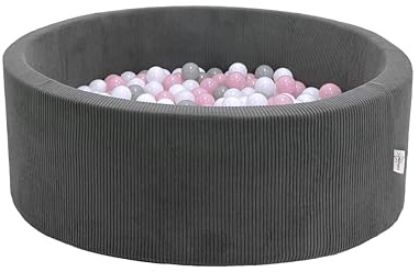 LittleStar® Bällebad mit 250 BPA-freien Bällen für Babys & Kleinkinder ab 10 Monaten | Geprüfte Sicherheit | Waschbar & Rutschfester Boden | Grauer Cord, 90 x 30 cm, rund | Bälle: rosa-grau-weiß