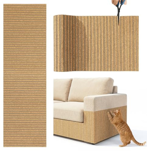 Tivray Alfombrilla Rascadora para Gatos, 100 * 30CM Rascador Adhesivo de Corcho, Protector de Sofá y Muebles, Rascador DIY de Cartón Corrugado contra Arañazos, Pared Suelo, Marrón