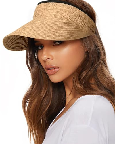 Women's Straw Sun Visor Hat, Wide Brim UPF UV Protection, Packable Ponytail Beach Visor for Summer Outdoor Travel