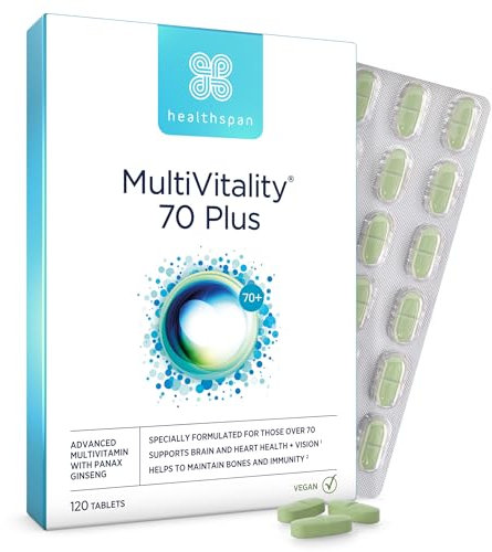 Healthspan Multivitamin 70 Plus | (120 Tablets) | Vitamin C & Vitamin D3 | Brain, Heart, Bone & Immunity Health | Ginseng, Bioflavonoids & Acetyl L-carnitine | Vegan
