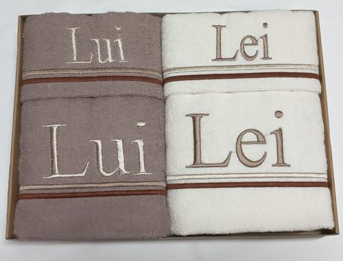RICAMI FIORENTINI set asciugamani bagno con ricamo Lui e Lei, 4 pezzi in spugna di cotone 100%, idea regalo. Prodotto in Toscana