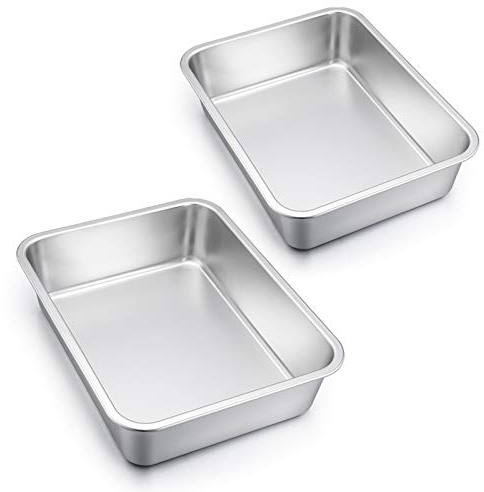 E-far Lasagna Pan Set of 2, Deep Stainless Steel Baking Pans, 12.75 x10 x3.2 Inches Rectangular Metal Roasting Baking Dish Bakeware for Oven, Non-Toxic & Heavy Duty, Dishwasher Safe