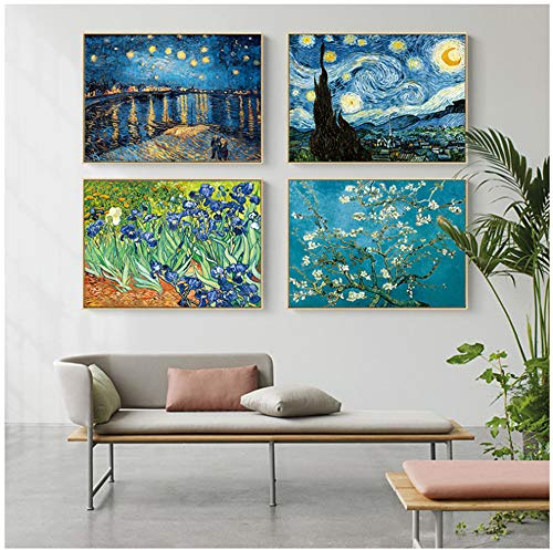 HYFBH Quadro su tela Famoso artista Van Gogh Dipinto ad olio Cielo stellato Iris Fiore Alba Paesaggio Stampa Poster Picture Decorazioni murali 16 x24 (40x60cm) x4 con cornice
