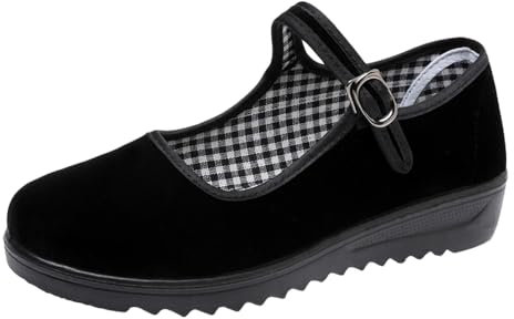 missfiona Womens Black Velvet Mary Jane Shoes China Dance Flat Cloth Work Walking Shoes Wide Fit (6.5, Black)