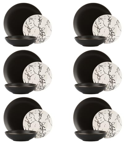 KASANOVA set piatti 6 persone -Piatti eleganti in stoneware - 18 piatti neri e bianchi effetto marmo