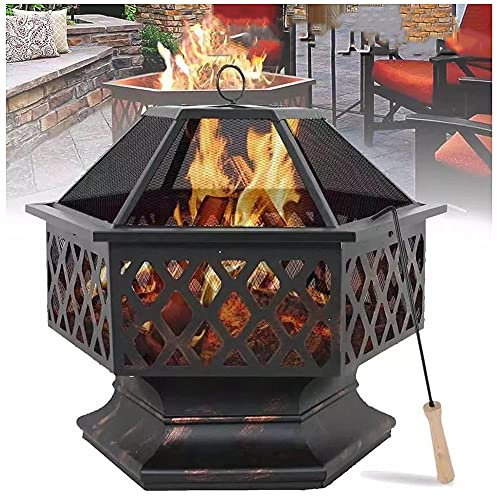 BDXZJ Multifunktional Fire Pit, Feuerschale Mit Funkenschutz Fire Pit, Feuerstelle Mit Grillrost, Hexagonal Feuerstelle Mit Schürhaken für Party Dinner Und Teepause