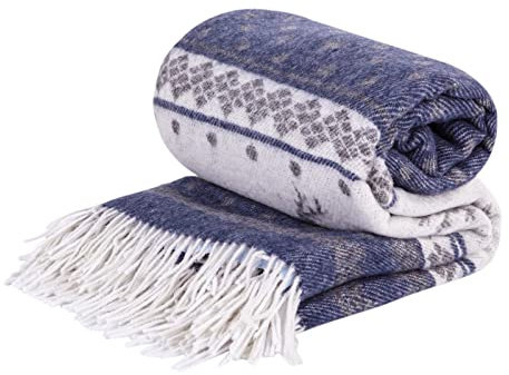LYHome Coperta in Lana Merinos - Copriletto Plaid per Letto Divano, Singolo Una Piazza e Mezza Matrimoniale, Coperte Per Invernale Estiva Morbida Calda e Grande (140x200 cm, Blu con Bianco Renna)