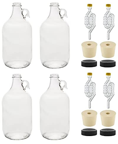 North Mountain Supply 1/2 Gallon Clear Glass Fermenting Jug with Handle – Set of 4 – Includes 6.5 Rubber Stoppers, 6-Bubble Airlocks, and Black Plastic Lids – 64 Ounces – 38mm CT Finish