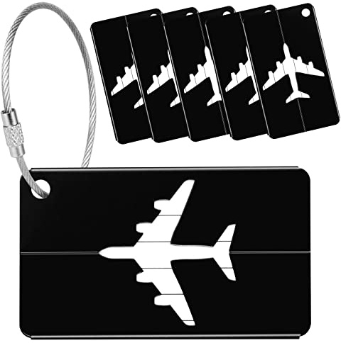 Yizhet Aluminium Kofferanhänger, Schwarz, 6 Stück | Mit Adressschild, Gepäckanhänger, Edelstahlkabel, Wasserdichtes PVC-Namensschild, Für Koffer & Taschen
