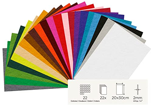 INNSPIRO Set 22 láminas fieltro acrílico surtido colores 20x30cm.x2mm. 220gr./m2 Material muy utilizado para manualidades y decoración