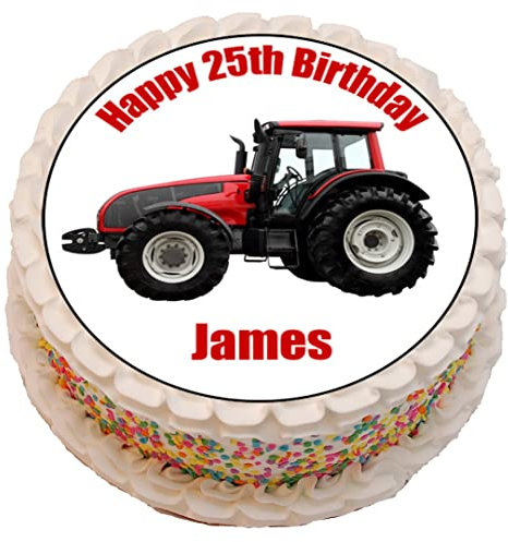 Red Tractor Personalised PRECUT Cake Topper 7.5 Inch Round Edible Icing Sheet Birthday Decoration