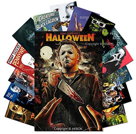 AKBOK Lot de 15 affiches de films d'horreur vintage – Autocollants classiques de film d'horreur – Kit de collage mural pour maison, bar, pub, grotte, chambre à coucher, décoration de chambre