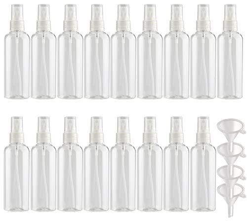 PQPAUTY 50 Piezas Pequeño 100ml Botella de Spray Plástico PET Vacías Transparentes con Bomba en Spray Transparentes de Niebla Atomizador para Perfume Viaje Artículos de Agua Cosmético, 5 Pieza Embudo