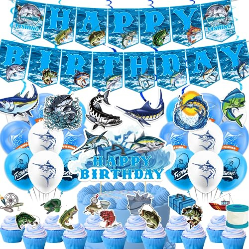 Geht Angeln Geburtstagsparty Zubehör - Angeln Party Dekorationen Set mit Banner, Kuchen Cupcake Toppers, Spiralen, Ballons für Baby Duschen