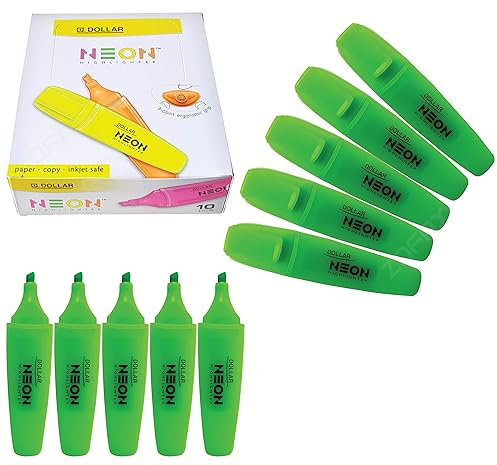 DOLLAR HL625 Neon Fluorescent Highlighter Pens, GREEN, Pack of 10, Chisel Tip (5.0mm), 3-Point Grip, Multipack, Fast-drying, School Office Home Highlighters