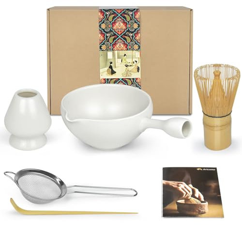 Artcome Matcha Ceremony Kit for Japanese Tea Ceremony, Bowl with Pouring Spout and Handle, Bamboo Whisk, Matcha Tea Set for Making Usucha, Koicha and Matcha Latte (5 PCS)