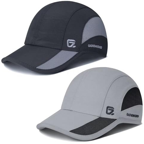 GADIEMKENSD Gym Hüte für Herren Leichte Atmungsaktive Kühlende Dri Fit Mütze Unstrukturierte Weiche Baseballkappe Trucker Vatermützen Herren Tennis Outdoor Kappe Sonnenhüte Schwarz, Hellgrau 2 Stücke