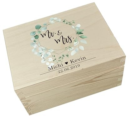Yuweli Hochzeitsgeschenke personalisierte Erinnerungsbox aus Holz zur Hochzeit personalisiert mit Namen und Datum Hochwertigem Farbdruck Erinnerungskiste Hochzeitsgeschenk (Mr. & Mrs.)