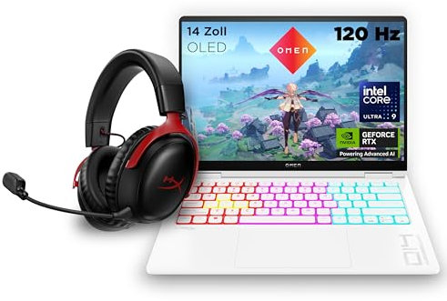 HP Omen Transcend Gaming Laptop, 14 Zoll 2,8K OLED 120Hz, Intel Core Ultra 7 155H, 16 GB DDR5 RAM, 1 TB SSD, NVIDIA GeForce RTX 4060 (8GB), QWERTZ, Windows 11, Weiß inkl. HyperX Cloud III Wireless