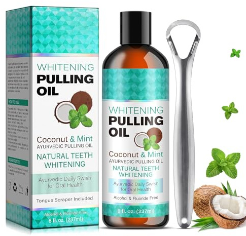Coconut Pulling Oil,237ml Coconut Oil Mouthwash,Natural Coconut & Mint, with Tongue Scraper, Fresh Breath,Teeth Whitening and Gums Healthier(8 Fl.Oz)