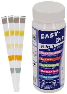 HAF® Teststreifen/Teststäbchen 5 in 1 für Pool & Spa - Genauer chemischer Tester für freies Chlor, Brom, Alkalinität, pH Wert, Wasserhärte & Cyanursäure - Menge: 1 Dose = 50 Teststreifen