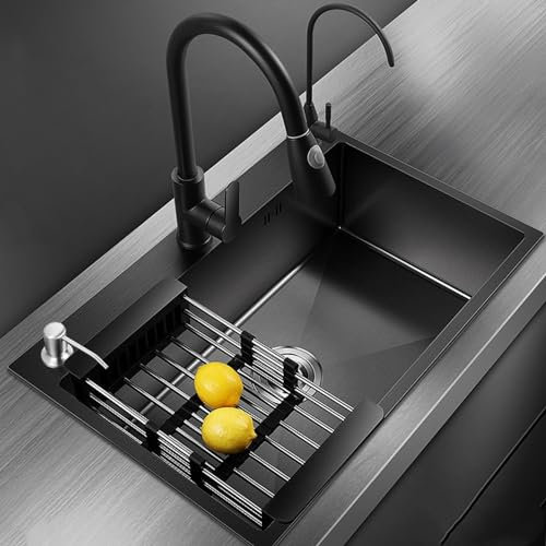 HaTur Evier de Cuisine en Acier Inoxydable Évier 1 bac avec 3 Trous de Montage 60 * 45 cm Evier de Cuisine Kit (Noir)