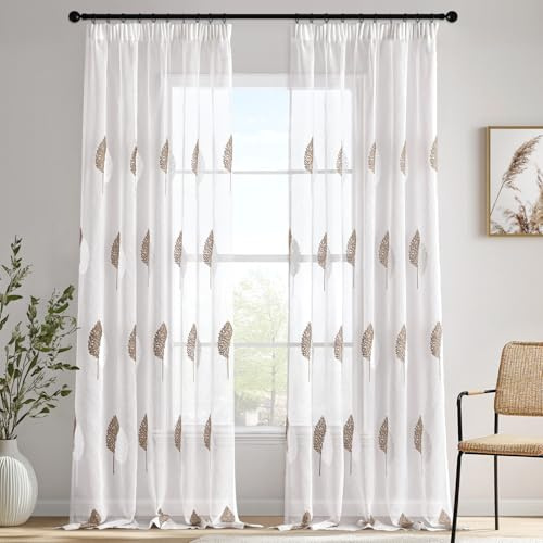 MIULEE Gardine Stickerei Blattmuster 2er Set B140 H245 Kaffee-Weiß | Transparente Gardine mit Stickerei Blattmuster und Kräuselband, modernes Dekor für Wohnzimmer und Schlafzimmer