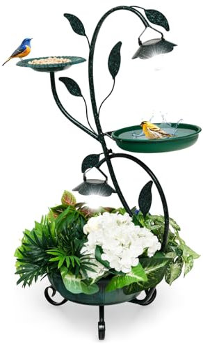 SOARS Vogeltränke mit Solarleuchte, Vogelfutterstation mit Vogelfutterteller, Vogelbad & Blumentopf, Vogelfutterspender Deko im Vintage-Stil, wetterbeständig für Balkon, Garten & Wald