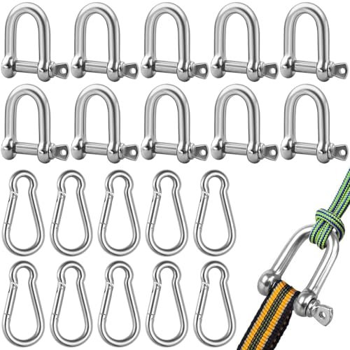 cersaty® 10 Stk Schäkel, 304 Schäkel Edelstahl mit 10 Stk Karabinerhaken für Aufhängen von Sandsäcken,Bergsteigen,Wandern,Takelung,Drahtseil,Schäkel Karabinerhaken Set