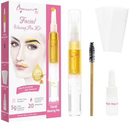 Beauty7 Stylo à Cire Pour Sourcils Épilation, Stylo de Cire au Sucre 5g + 20 Bandes D'épilations avec Huile de post-Cirée Kits D'épilation des Sourcils Levre, Visage