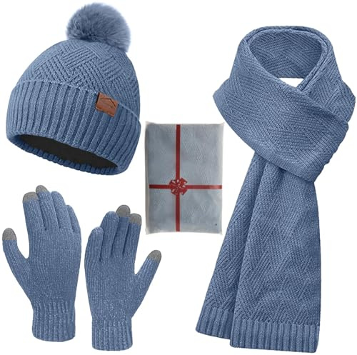 CheChury Mütze Touchscreen Handschuhe Lang Schal Set Damen Winter Warm mit Fleece Gefütterte Wintermütze Strickmütze Beanie Bommel Schals Winterhandschuhe Strickhandschuhe Frauen Geschenk Weihnachten